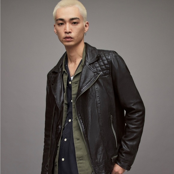 Allsaints Conroy Leather Biker jacket ink navy size Large